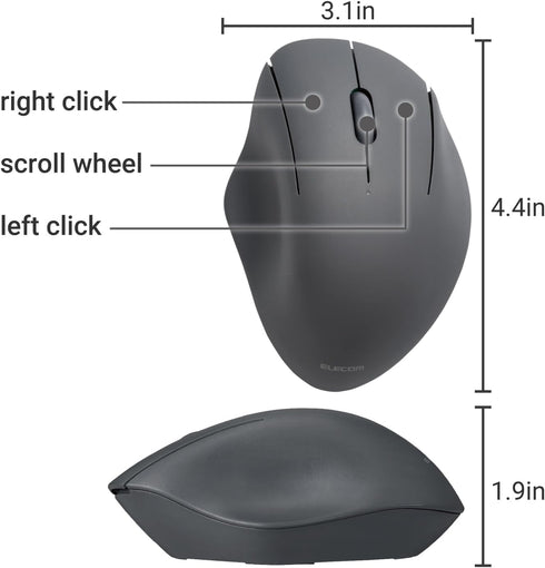 ELECOM Wireless Mouse Ergonomic shape, 2.4Ghz with Receiver, Silent Click, 20-Month Battery Life, 2000DPI, 3 buttons, Optical Sensor, Compatible w...