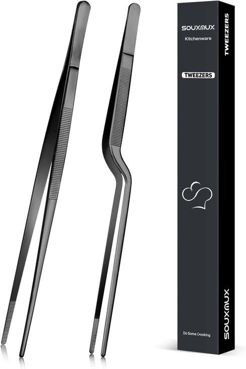 10-inch Cooking Tweezer and Offset Tweezer Set, Tongs Precision Serrated Tips, Stainless Steel Professional Chef Tweezer Kitchen Tools for BBQ, Pl...