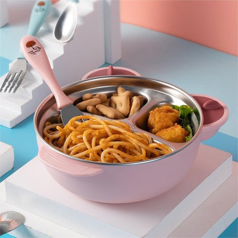 Stainless Steel Baby Feeding Bowl, Toddler Suction Plate with Lid Spoon and Fork, Perfect for Children (Pink)...