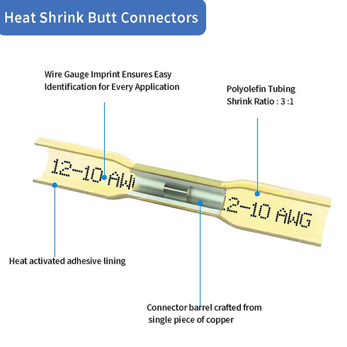 50 Pcs Yellow Heat Shrink Butt Connectors, 12-10 AWG Waterproof Crimp Terminals Electrical Wire Connectors Splice for Marine, Cable, Wiring...