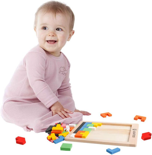 Wooden Puzzles Blocks Brain Teasers Toy Russian Tangram Colorful Jigsaw Game Montessori Intelligence STEM Preschool Educational Gift for Baby Todd...