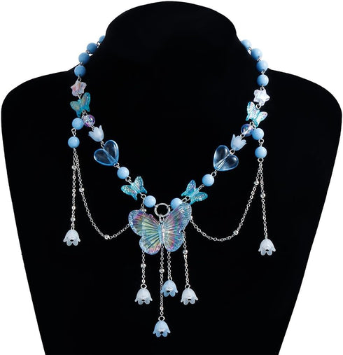 Beaded Butterfly Choker Beads Tassel Pendant Necklace Butterfly Pearl Niche Necklace Collarbone Chain Heart Tassel Adjustable Necklace Jewelry for...