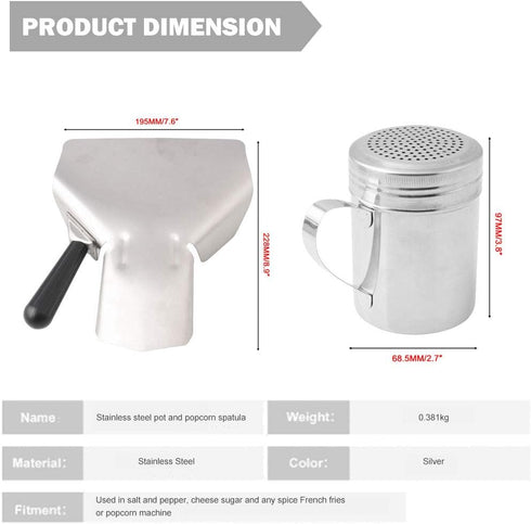 Popcorn Scoop and Salt Shaker, Stainless Steel Popcorn Scooper French Fry Scoop Serving Spoon for Filling Foods into Bags Boxs, Home Theater Popco...