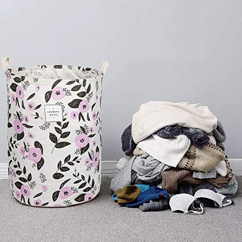 UUJOLY Collapsible Laundry Basket, Laundry Hamper with Handles Waterproof Round Cotton Linen Laundry Hamper Printing Household Organizer Basket, 1...