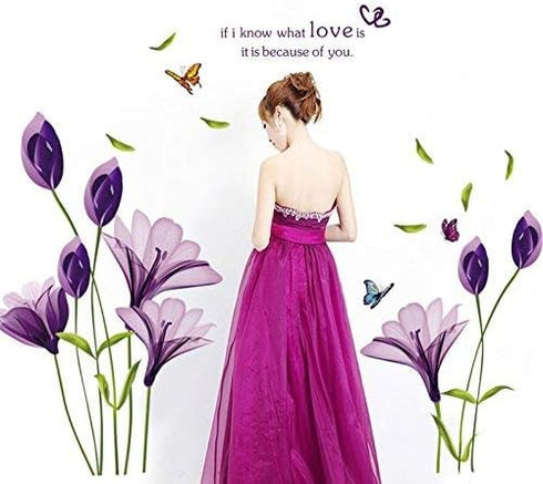 Removable Purple Lovely Lily Flowers Wall Stickers DIY Flower Vines Art Quotes and Butterfly Decal for Home Living Room Girls Bedroom Playroom Bat...