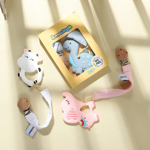 Baby Food Grade Silicone Teether Toy with Pacifier clip Holder,Teething Pain Relief Toys Gift Set for 3 Months+ Boys and Girls,Freezer Safe,BPA Fr...