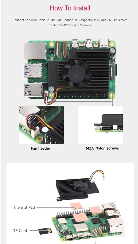 Active Cooler for Raspberry Pi 5, Combines Active Cooling Fan and Alumium Heatsink and Thermal Pad to Accelerate Heat Dissipation for Raspberry Pi...