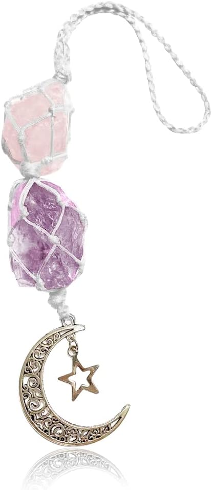 Car Hanging Charm Pendant Dangling Moon, Car Charm Dangling Moon Star Rearview Mirror Decorations, Handmade Ornaments Natural Energy Crystal for C...
