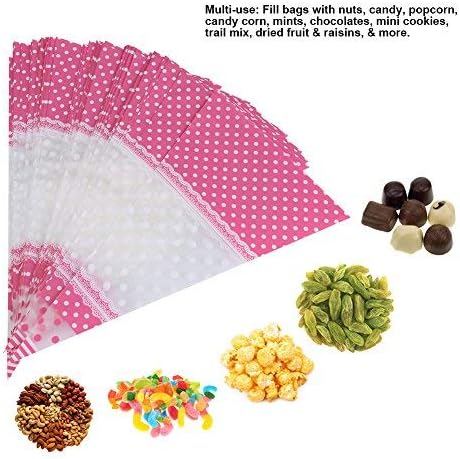 FTVOGUE 50 Piece Clear Cone-Shaped Treat Popcorn Bags Treat Bags Cellophane Candy Bags with Twist Ties(Pink)...