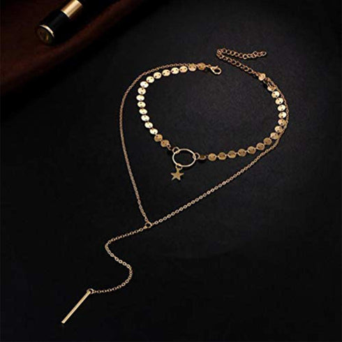 Bohemia Layered Choker Necklace Gold Disc Choker Star Choker Lariat & Y Necklace Bar Pendant Necklace for Women and Girls(Gold)...
