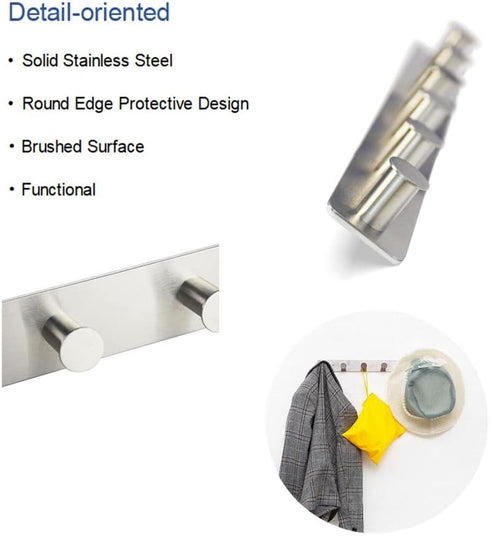 Coat Rack Wall Mounted Adhesive & Screw in, Stainless Steel Metal Coat Hooks for Door, Hook Rail with 6 Round Hangers for Hanging Hat Towels Cloth...