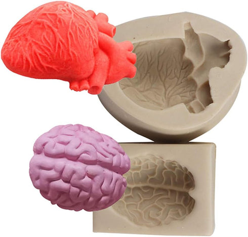 2PCS Halloween Heart and Brain Silicone Molds DIY Simulation Human Organ Fondant Mould Cake Candy Biscuit Polymer Clay Ice Mold Kitchen Baking Too...