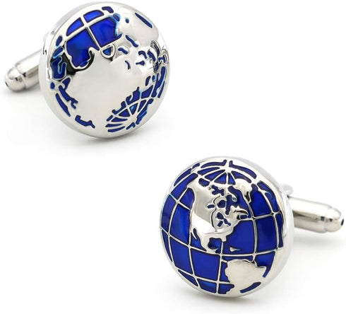 Men's Gift Cuff Links Blue World Map Design With Present Box...