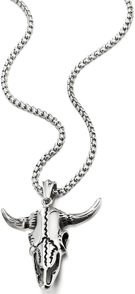 COOLSTEELANDBEYOND Stainless Steel Vintage Goat Bull Skull Pendant Necklace for Man, 30 inches Chain, Gothic Tribal...