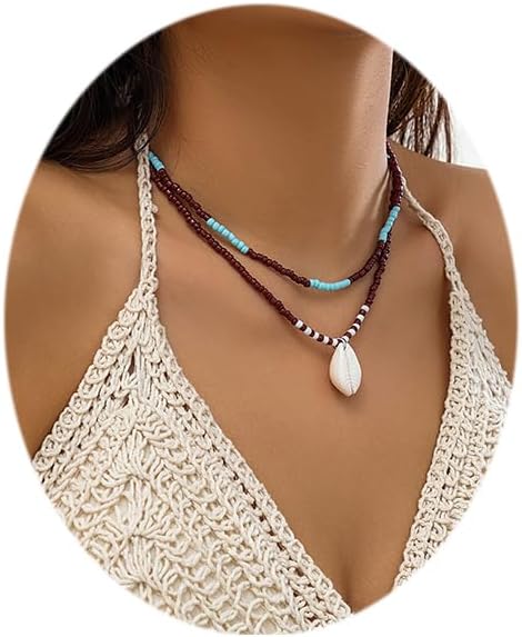 Boho Beaded Choker Necklaces for Women Layered Shell Starfish Charms Necklace Summer Surfer Beach Necklace Jewelry Gift...