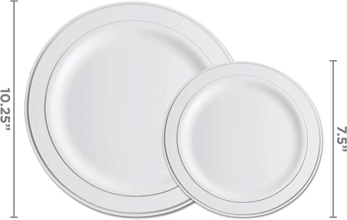 125 Piece Silver Dinnerware Party Set - 50 Silver Rim Plastic Plates, 25 Dinner 25 Dessert Plates, 25 Knives, 25 Forks, 25 Spoons - 25 Guest Dispo...