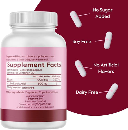 Alpha Lipoic Acid 600mg (per Capsule) with Biotin to Enhance Absorption (120 Vegetarian Capsules) No Fillers - No Stearates - No Flow Agents...