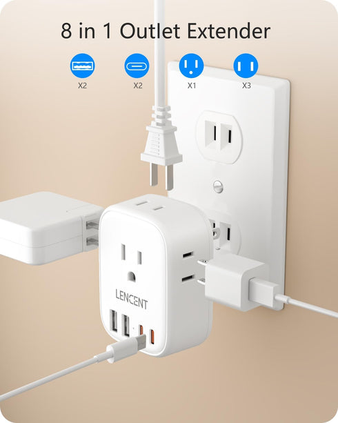 LENCENT 3 to 2 Prong Outlet Adapter, 2 Prong Outlet Extender, Wall Tap Plug Splitter with 4 AC Outlets 4 USB Charger Cube(2 USB C), Polarized Plug...