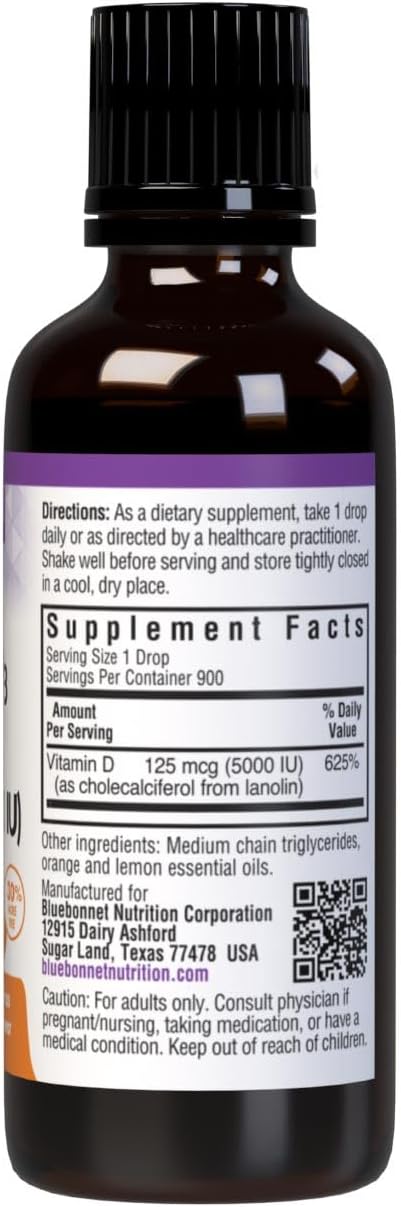 Bluebonnet Nutrition Liquid Vitamin D3 Drops 5000 IU, Aids in Muscle and Skeletal Growth, D3, Non GMO, Gluten Free, Soy Free, Dairy Free, Kosher, ...