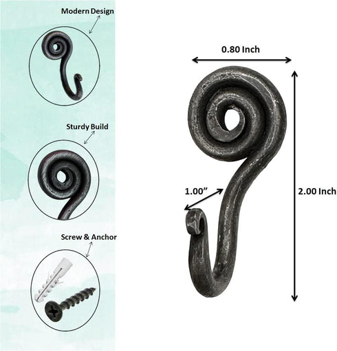 Hand Forged Spiral Hooks Set of 6 Pcs Handmade Wrought Iron Wall Mounted Coat Hook Blacksmith Metal Wall Towel Hooks Rack Black Antique Finish Wal...