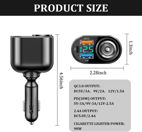 4 Ports Fast Car Charger Cigarette Lighter Splitter with LED Voltmeter,QC3.0+PD 30W for Most Phones GPS Dash Cam,Universal 12V/24V Cigarette Light...