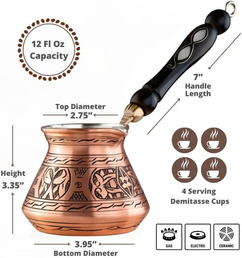 BCS 12 Oz Copper Turkish Greek Arabic Coffee Pot with Wooden Handle (4 servings) Cezve Ibrik Briki Stovetop Coffee Maker (Includes Wooden Spoon)...