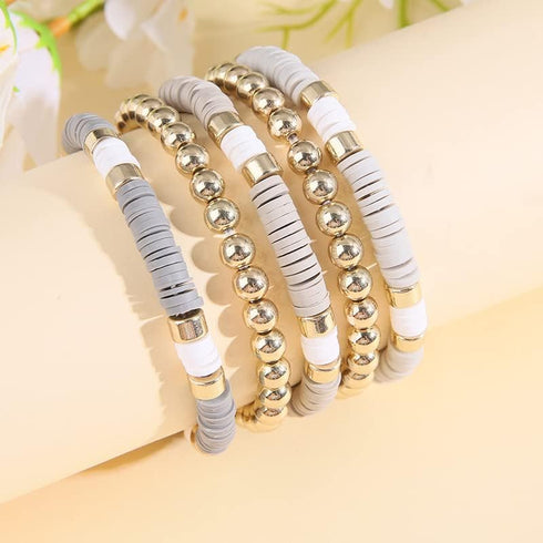 5-7PCS Surfer Colorful Clay Beads Stretch Bracelets Bohemian Stackable Gold Beads Vinyl Disc Elastic Bracelets Multilayer Summer Beach Jewelry Set...
