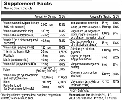 BariatricPal Multivitamin ONE 1 per Day! Bariatric Multivitamin Capsule with 18mg Iron (30 Count)...