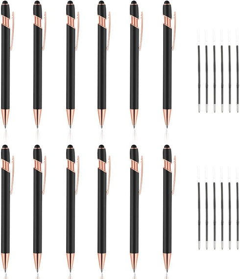 12 PCS 2 in 1 Stylus Ballpoint Pens.Pen with Stylus Tips, 1.0 mm Black Ink Metal Pen Stylus Pens for Touch Screens,12 Pens and 12 Refills (Rose Go...