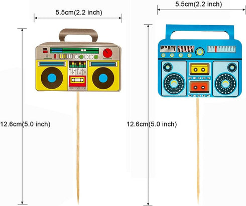 Morndew 24 PCS Radio Boom Box Cupcake Toppers for Nostalgic Ball Music Theme Party 70s 80s 90s Hip Hop Party Birthday Party Wedding Party Decorati...