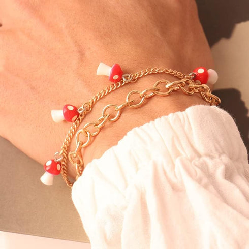 Double Layer Mushroom Bracelet Anklet? Cute Red Mushroom Bracelet Combination Bracelet Anklet Jewelry for Women...