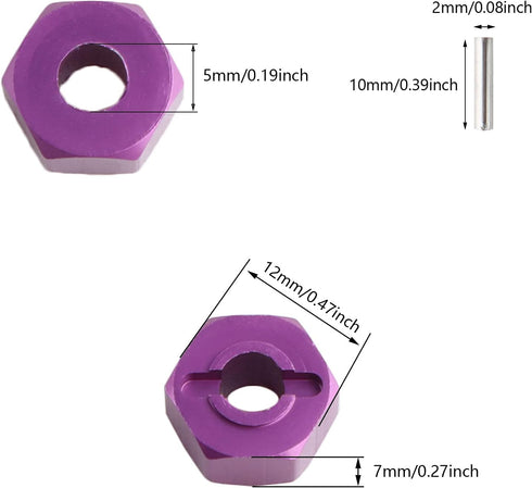 12mm Hex Wheel Hub Mount, Aluminum 7mm Thick with 2x10mm Stub Axle Pins for 1/10 Slash 4x4 & HQ 727 RC Cars Replacement Upgrade Parts (Purple)(Set...
