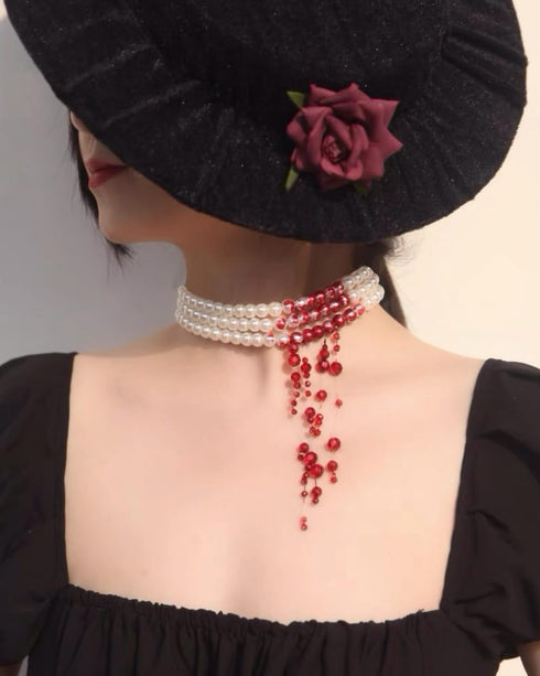 Dripping Blood Choker Imitation Pearls Halloween Party Necklace Gothic Vampire Party Costume...