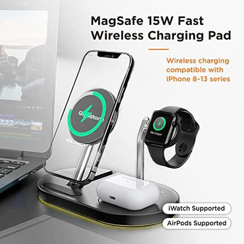 Gigastone 15W Wireless Charging Station, 3 in 1 Strong Magnetic Wireless Charging Stand, Wireless Charger Compatible with iPhone 14/13/12/11/SE/X/...
