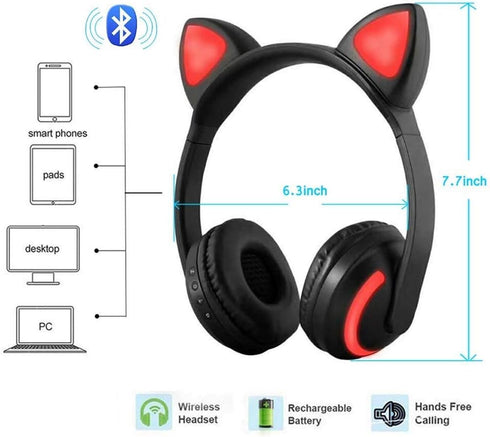 Wireless Bluetooth Cat Ear Headphones with Mic 7 Colors LED Light Flashing Glowing On-Ear Stereo Headset Compatible with Smartphones PC Tablet...