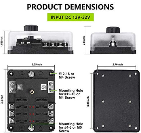 6 Way Fuse Block W/Negative Bus - ATC/ATO 6 Circuit Fuse Box with Ground, with Negative Bus & Protection Cover, Bolt Connect Terminals, 70 pcs Sti...