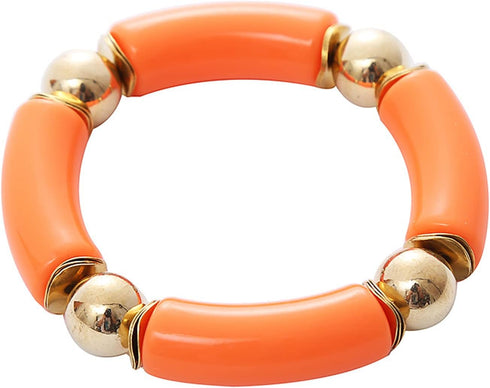 Gold Plated Beaded Acrylic Bamboo Tube Bangle Bracelets Colorful Summer Beach Chunky Curved Tube Stretch Bracelet for Women Stacking Friendship Je...