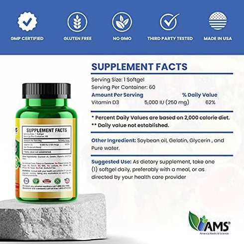 America Medic & Science Xtra D3 Vitamin D 5,000 IU (125 mcg) Cholecalciferol Supplement for Men & Women (60 Easy to Swallow Softgels) Best for Bon...