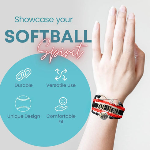 Softball Charm Bracelet (Black/Red) Bracelets, Adjustable Bracelet with Softball Charm. Braided Bracelets for Softball Players, Softball Team, and...