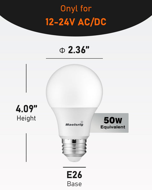 12V LED Bulb 6W(50W Equivalent), Daylight 5000K, 12V-24V AC/DC, 600 Lumens, Non-Dimmable, A19 12V DC LED Light Bulbs, E26 Base, Pack of 6...