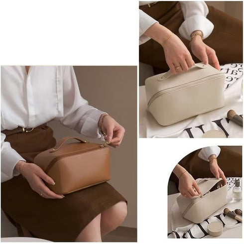 Large-Capacity Travel Leather Makeup Bag Cosmetic Bag Waterproof Portable Makeup Case Organizer Toiletry Bag Makeup Box for Skincare Cosmetics Toi...