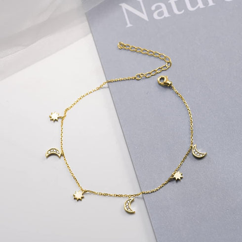 Dainty Star and Moon Anklet 925 Sterling Silver CZ Crystal Adjustable Dangle Charm Beach Foot Anklets Bracelet Summer Foot Jewelry for Women...