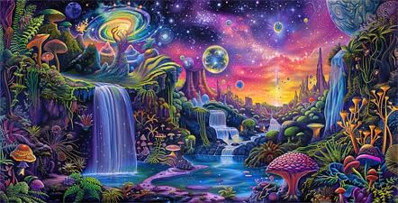 Aquarium Background with Galaxy Space Planet Design, Waterfall Landscape Tapestry Fantasy Mountain Wave Wall Tapestry Mysterious Neon Plants Fish ...