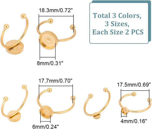 UNICRAFTALE 18Pcs 3 Colors 3 Sizes Blank Rings Base Finger Rings 4/6/8mm Stainless Steel Pad Ring Base Flat Round Blank Ring Settings Base Cabocho...