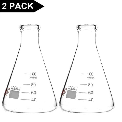 stonylab (2 Pack) 100 ml Narrow Mouth Erlenmeyer Glass Flasks with Heavy Duty Rim (100ml Fits with stonylab 5# Rubber Stopper)...