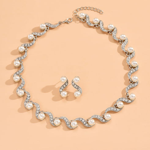 Pearl Bridal Necklace Earrings Set Sliver Rhinestone Necklaces Crystal Bride Choker Necklace Jewelry Set Pearl Accessories for Women...