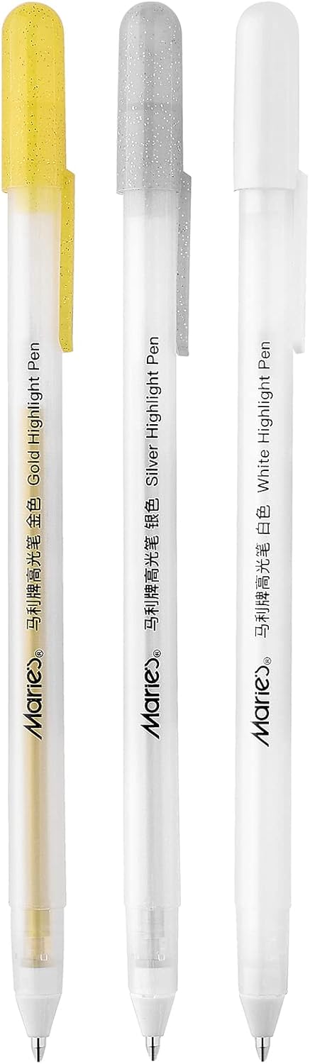 RVOGJP 3 Colors Gel Pen Set - White, Gold and Silver Gel Ink Pens for Black Paper Drawing, Sketching, Illustration, Card Making, Bullet Journaling...