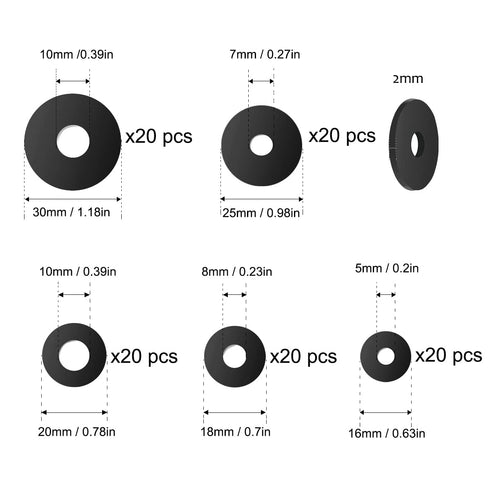 100 Pcs Black Flat Rubber Washers Assortment Kit, 16/18/20/25/30mm Heavy Duty Rubber Washers Rubber Grommet Vibration Damping Pads for Shower Head...