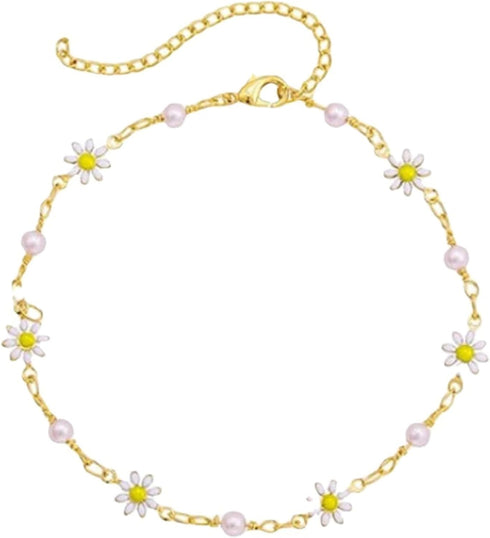 Bohemian Daisy Flowers Anklet for Women,Adjustable Layered Beach Foot Chain Pearl Ankle Bracelets Dainty Foot Jewelry Gifts...