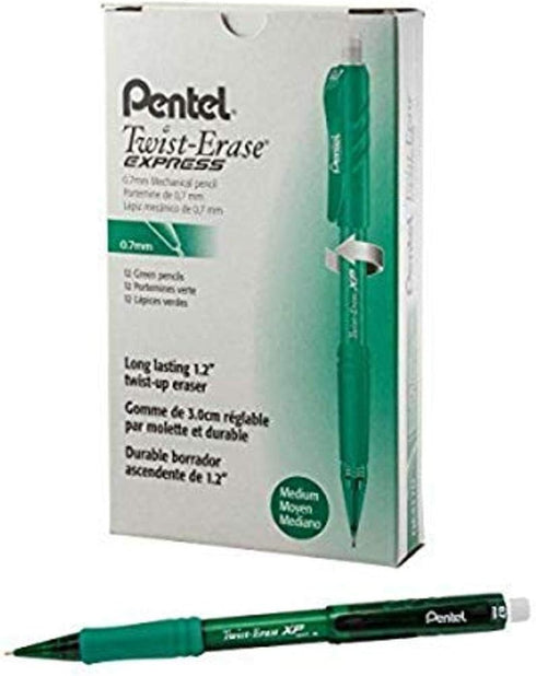Pentel Twist-Erase EXPRESS Mechanical Pencil (0.7mm) Green Barrel, 12 pack (QE417D)...